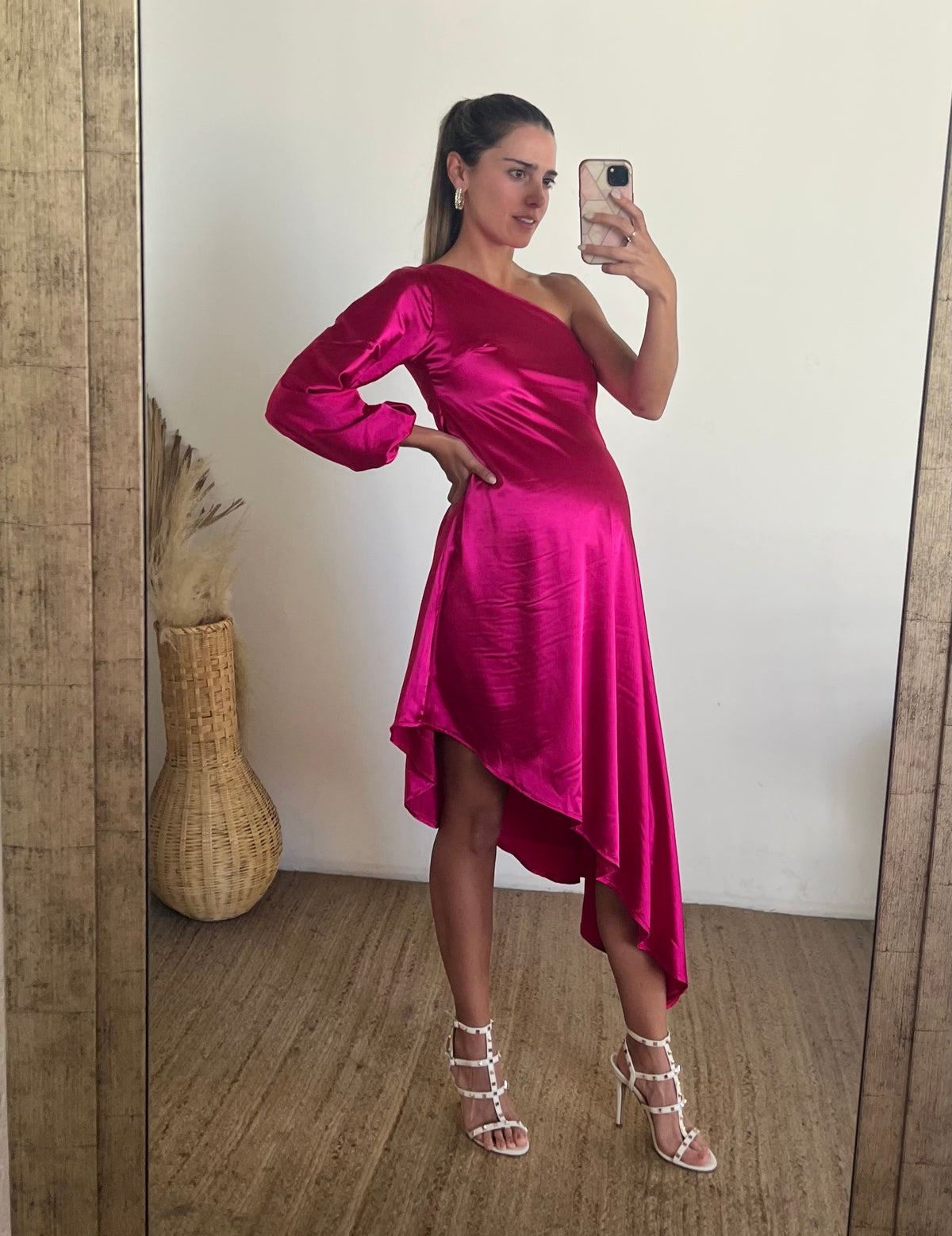 Vestido maternidad Samantha, rosa Barbie brilloso (M), (G)