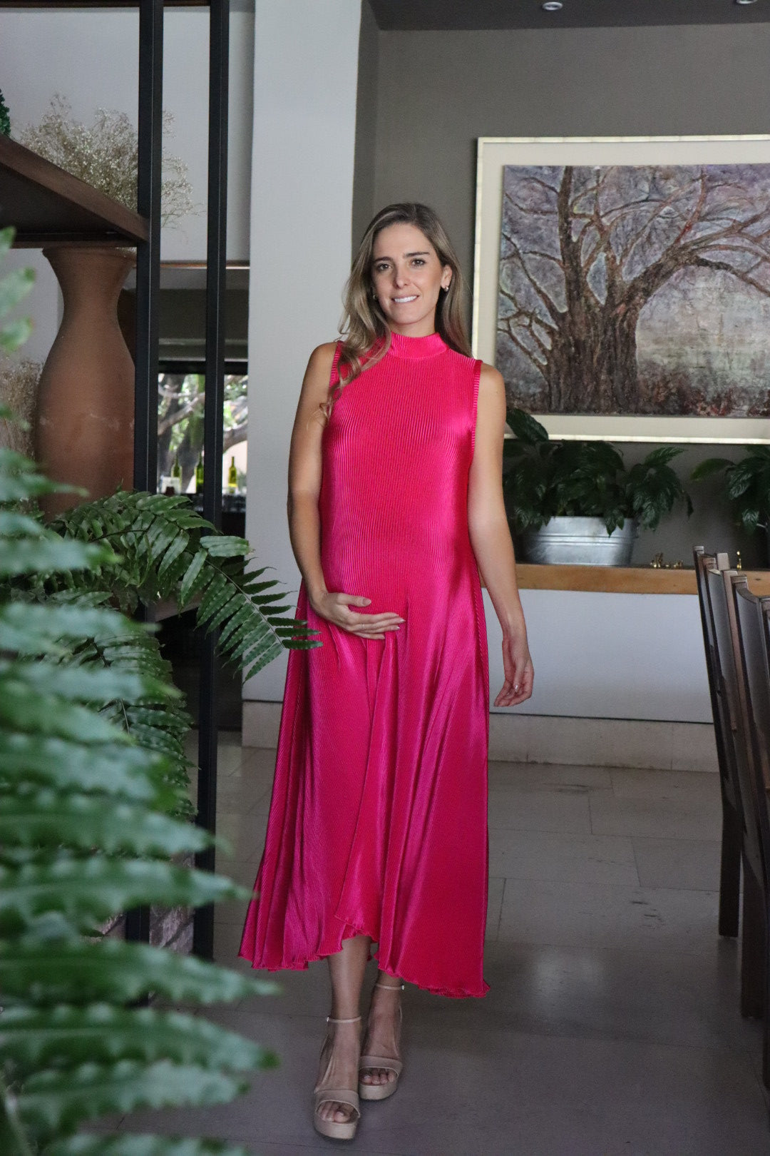 Vestido de maternidad Sonia, rosa rayas corrugado