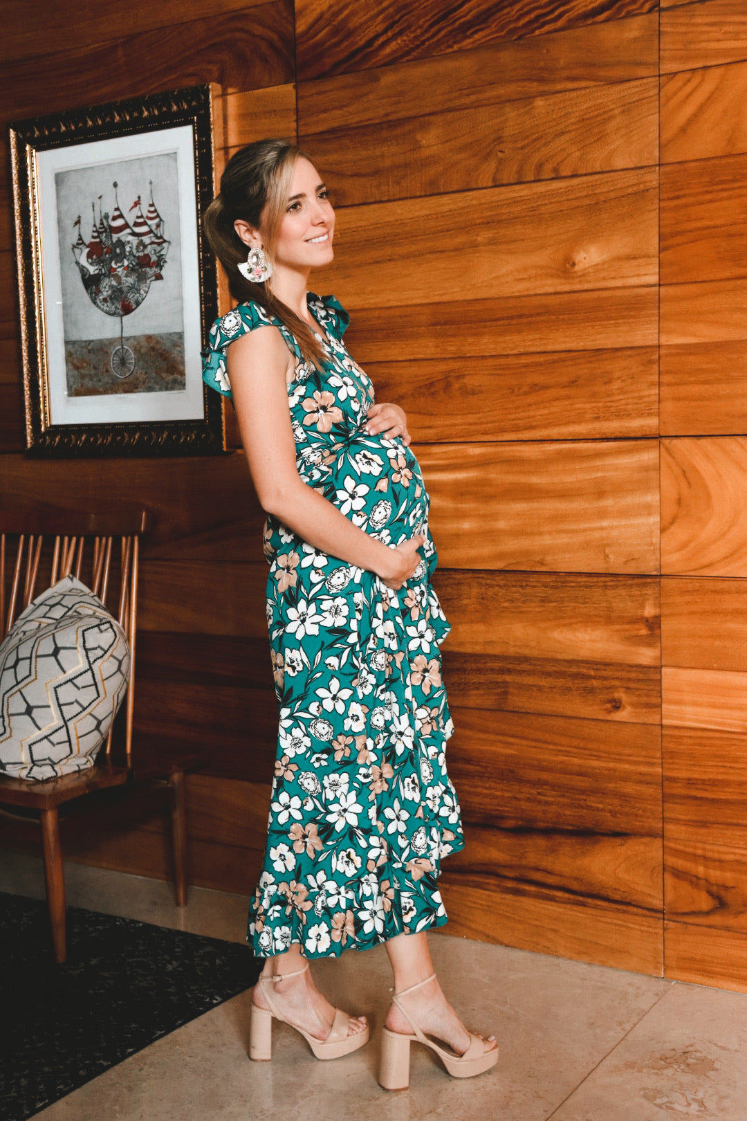 Vestido de maternidad, Ursula sin mangas verde con flores mostazas CH