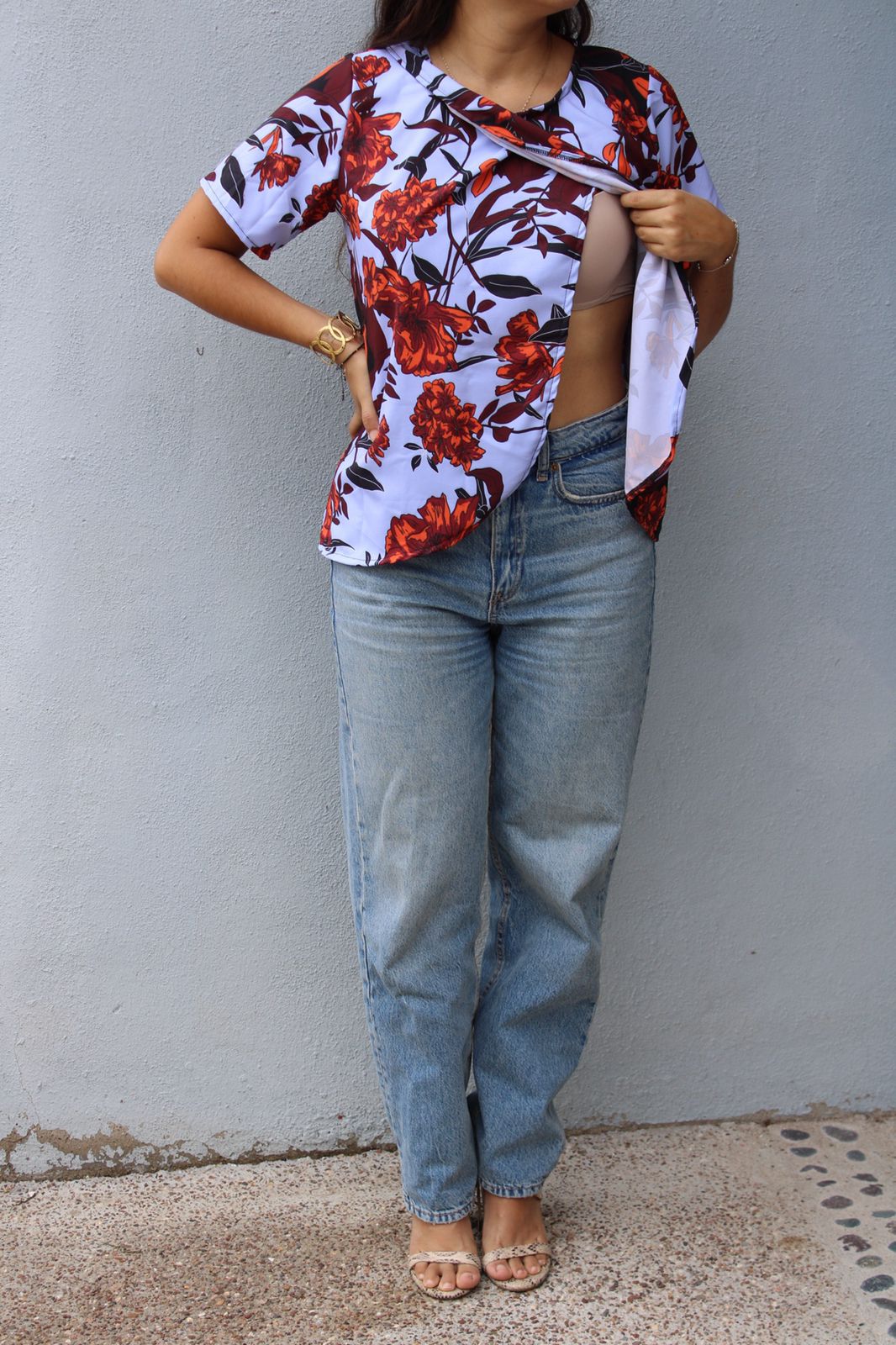 Blusa de Lactancia, Diana azul flores naranjas