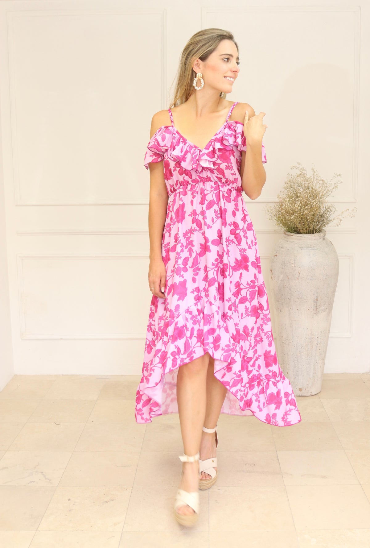 Vestido de maternidad y lactancia, Carlota rosa flores claras rosas fuertes