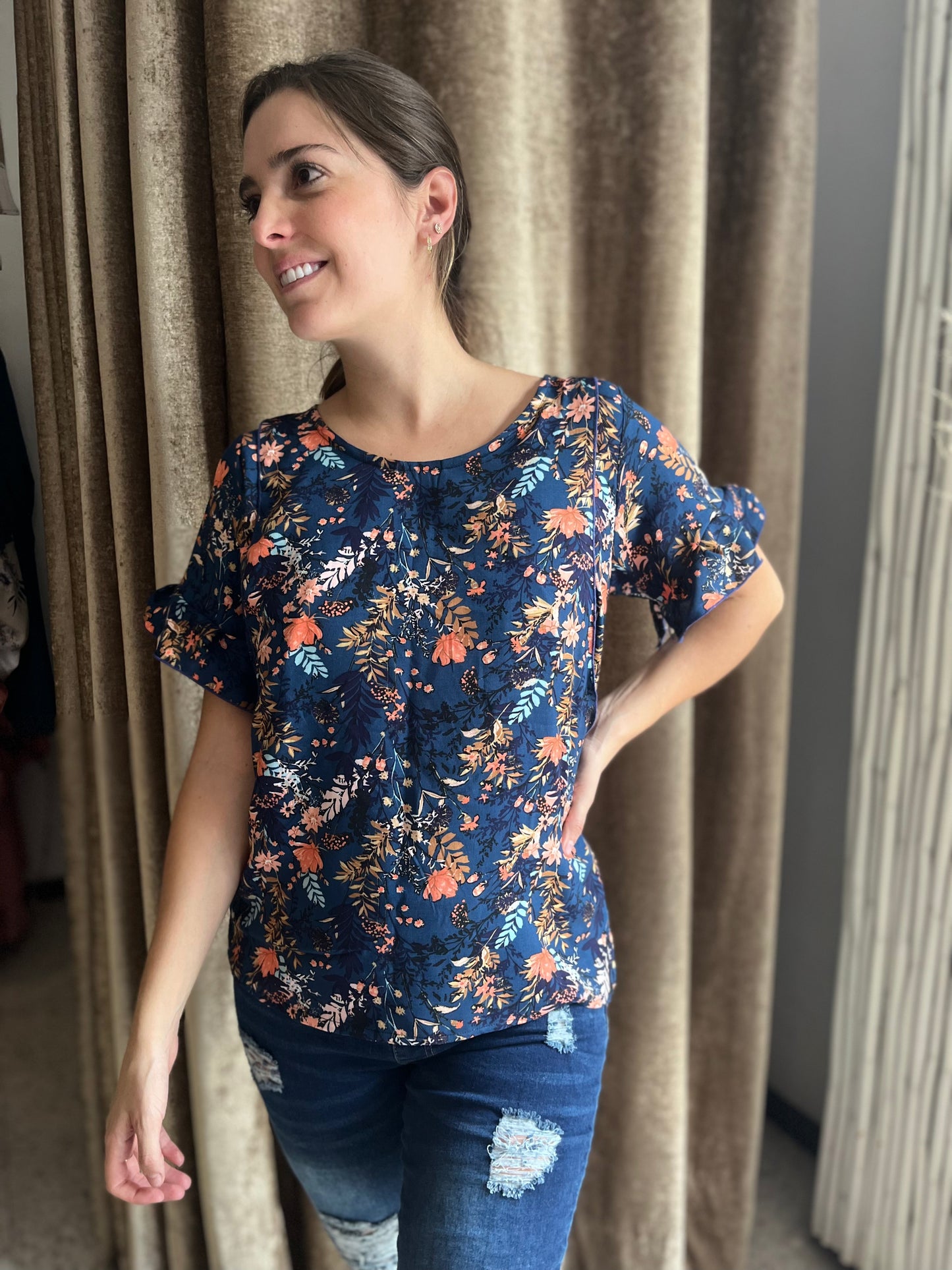 Nursing blouse, Georgina blue flowers fern flowers
