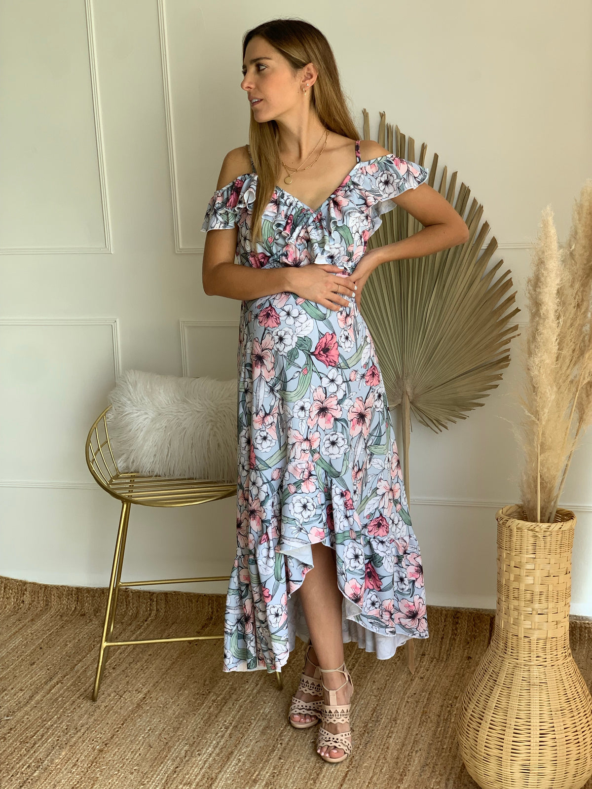 Maternity and nursing dress, Carlota blue and pink flowers