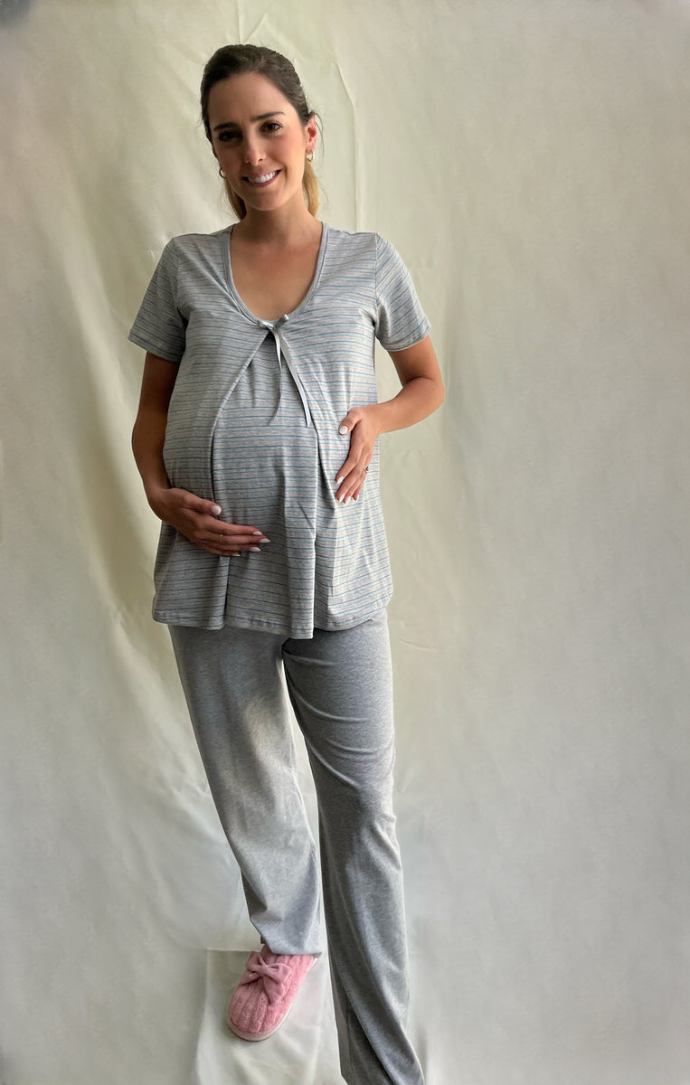 Pijama de lactancia y maternidad, gris rayas – Hello Mom