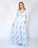 Priscila long maternity dress, white with blue