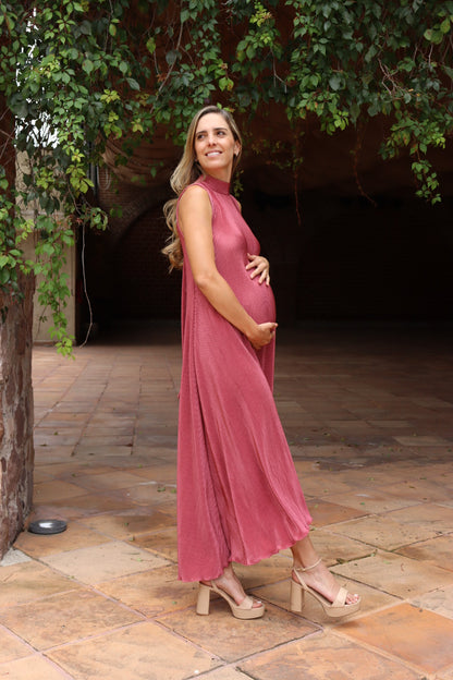 Vestido de maternidad Sonia, rosa quemado rayas corrugado