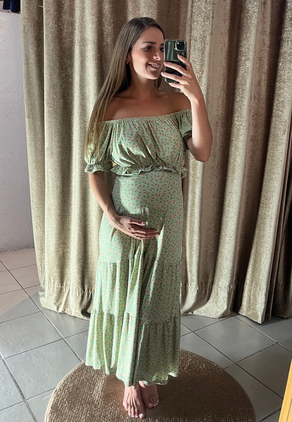 Falda y top de maternidad verde con florecitas Unitalla