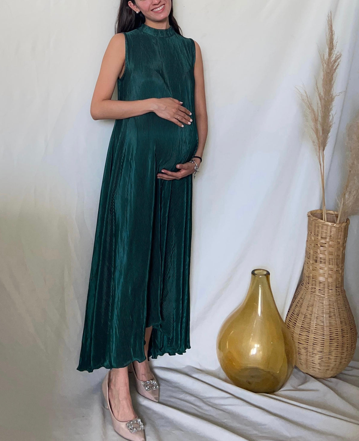 Vestido de maternidad Sonia, verde rayas plisada