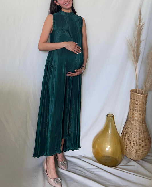 Vestido de maternidad Sonia, verde rayas plisada