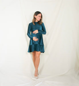 Vestido de maternidad, verde terciopelo rayas Gaby corto