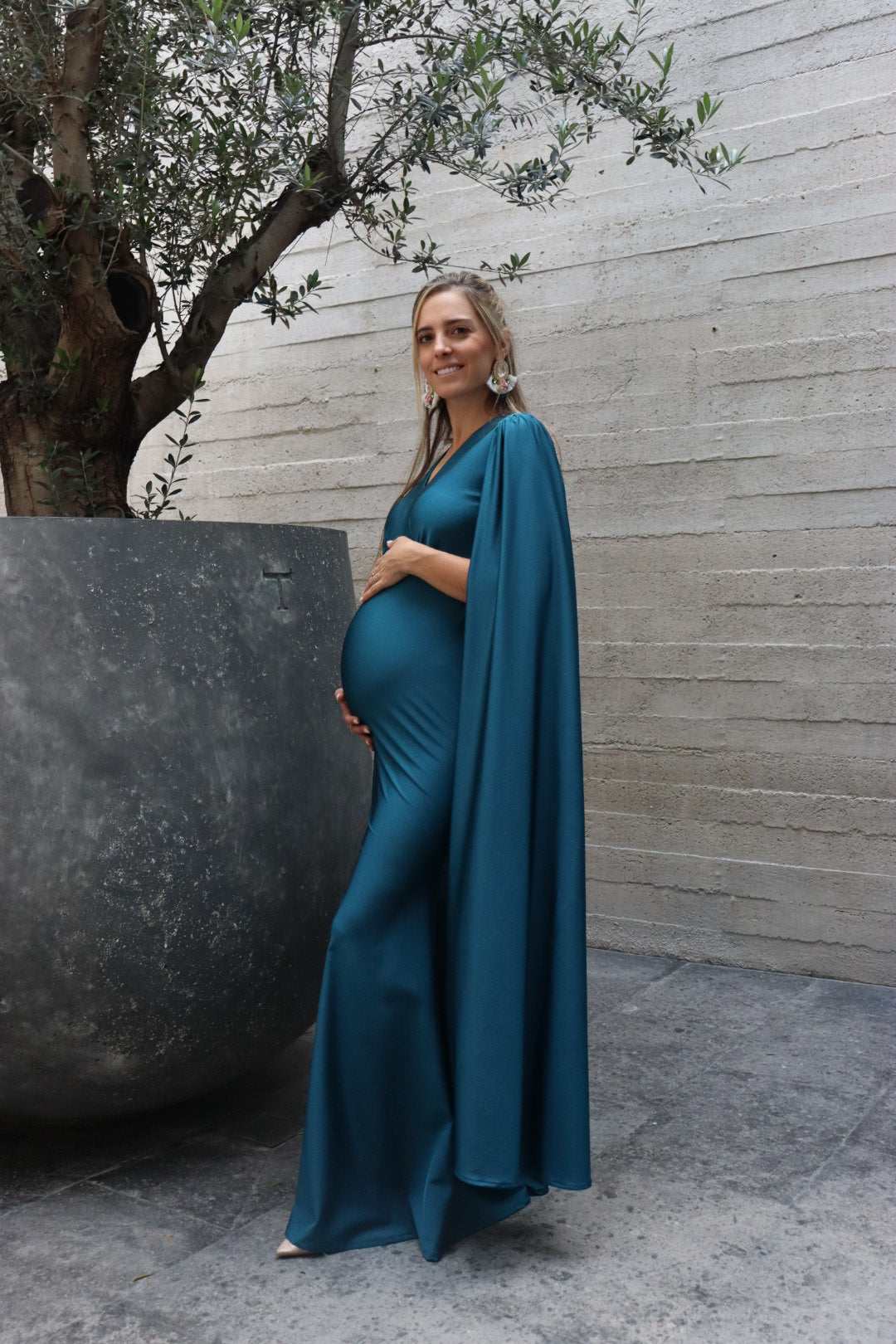 Vestido de maternidad Eliana, azul verdoza licra destellante
