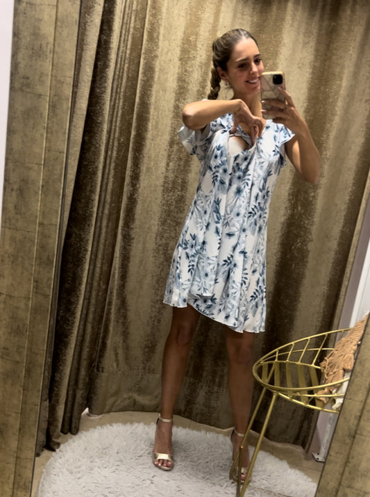 Vestido Bertha , azul flores romántico