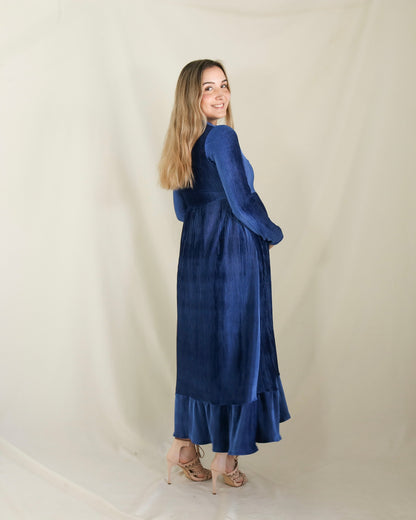 Vestido de maternidad, azul terciopelo rayas Gaby largo M