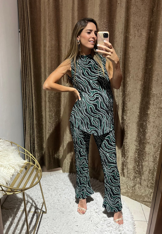 Conjunto de maternidad Mayte, verde con negro corrugado CH, M, G y XG