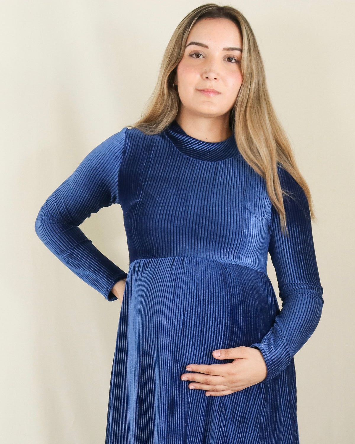 Vestido de maternidad, azul terciopelo rayas Gaby largo M