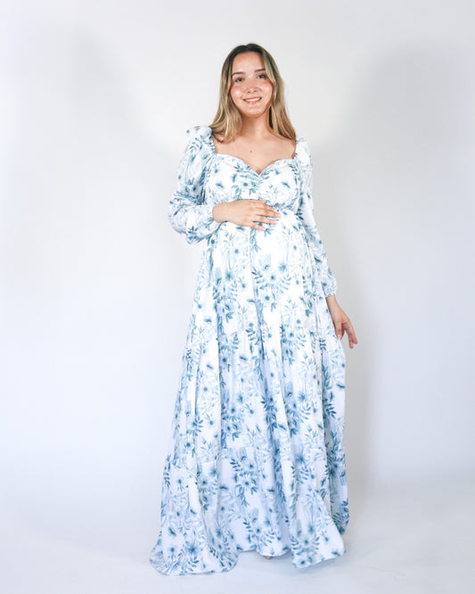 Priscila long maternity dress, white with blue