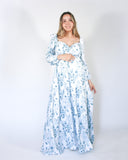 Priscila long maternity dress, white with blue