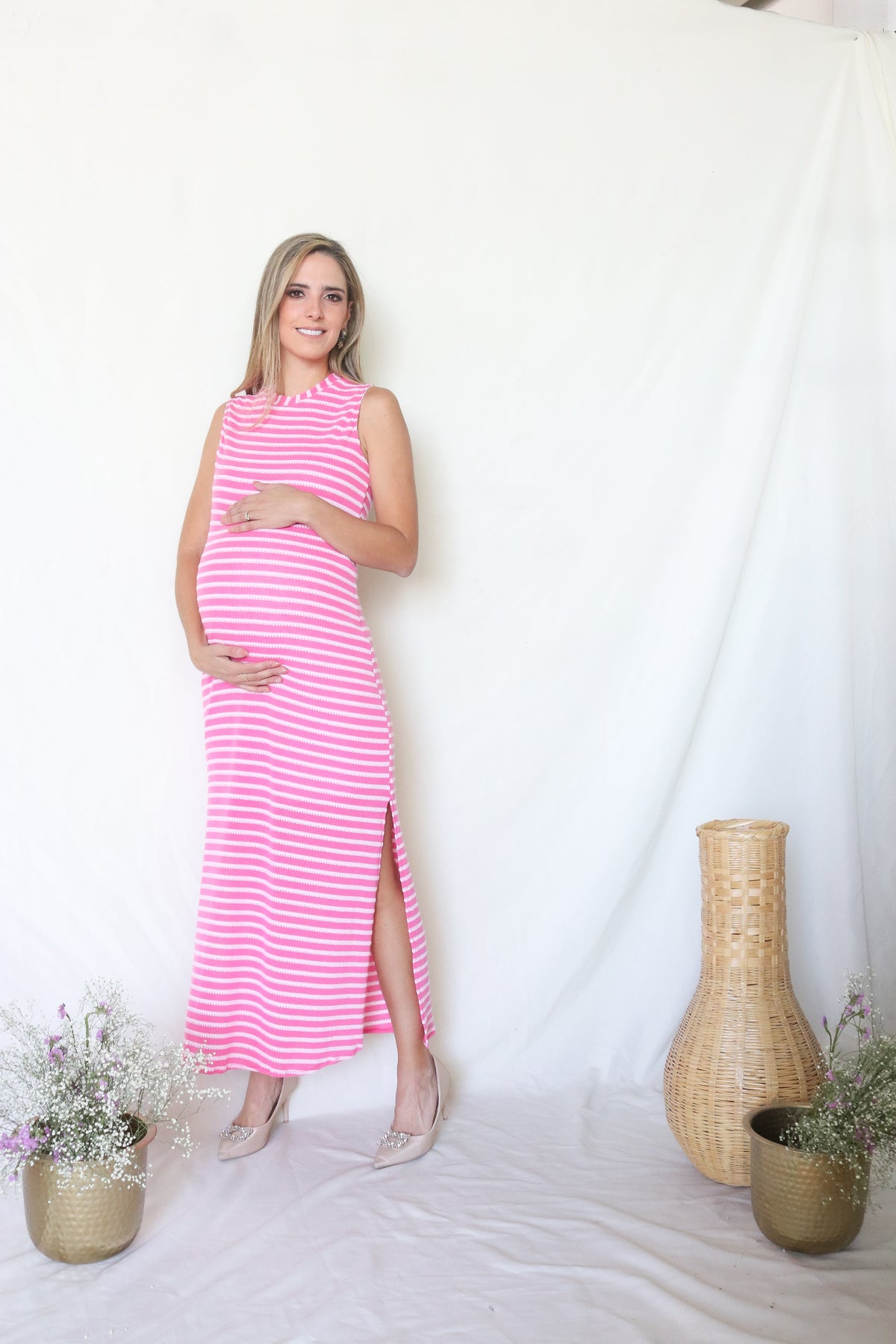 Vestido de maternidad Leslie, rosa barbie rayas