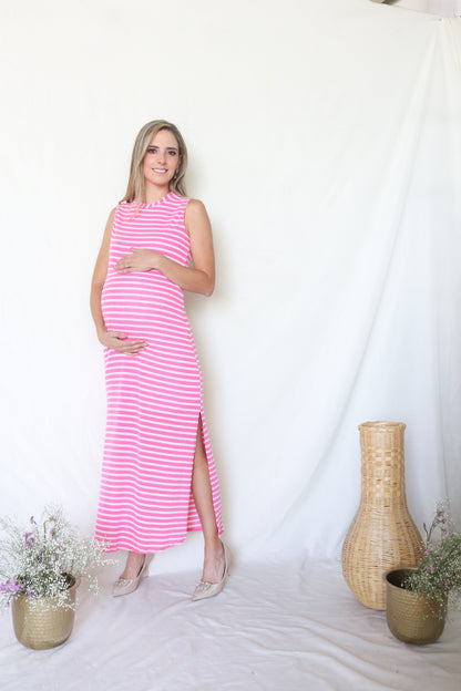 Vestido de maternidad Leslie, rosa barbie rayas