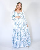 Priscila long maternity dress, white with blue