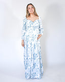 Priscila long maternity dress, white with blue