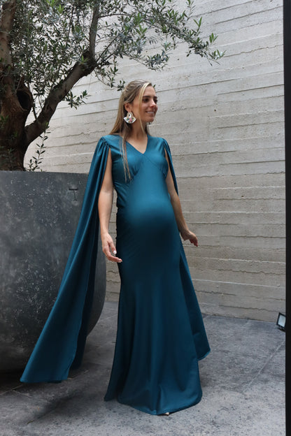 Vestido de maternidad Eliana, azul verdoza licra destellante