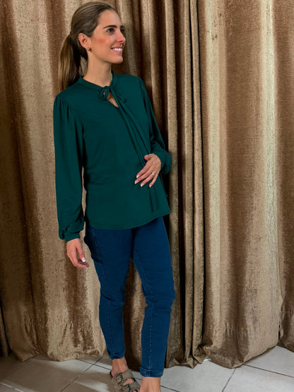 Blusa maternidad verde moño oscura