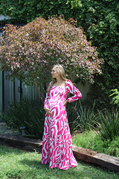 Vestido maternidad Priscila largo, rosa franjas blancas