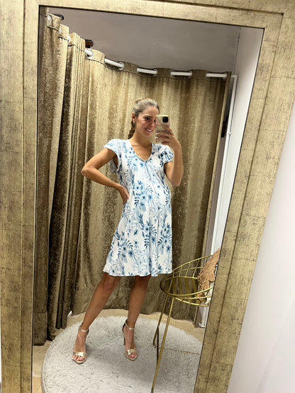 Vestido Bertha , azul flores romántico