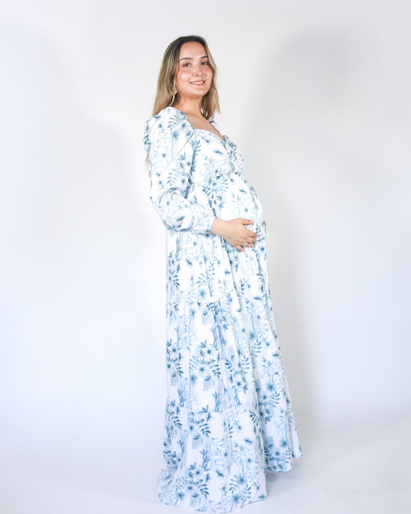 Priscila long maternity dress, white with blue