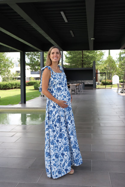 Vestido de maternidad Dalia azul flores blancas CH