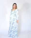 Priscila long maternity dress, white with blue