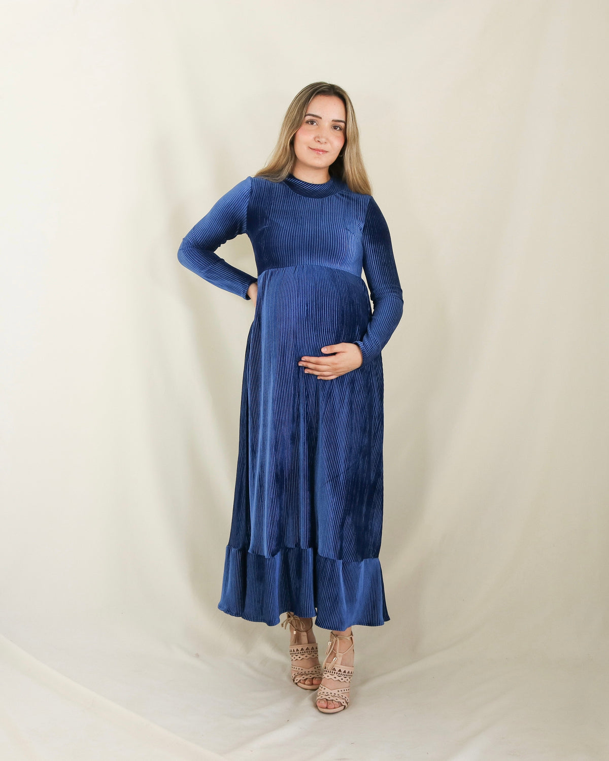 Vestido de maternidad, azul terciopelo rayas Gaby largo M