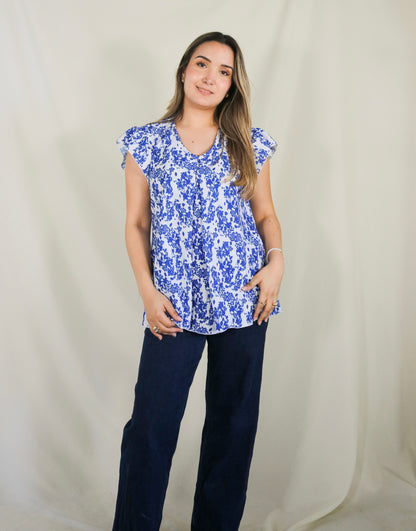 Blusa de lactancia/maternidad, blanco flores azules
