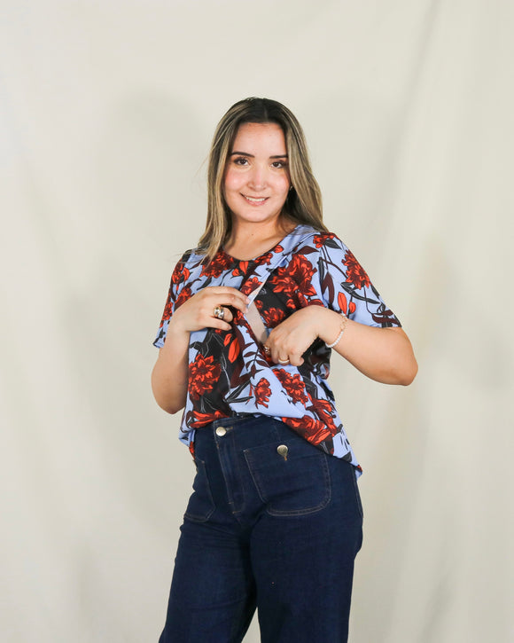 Nursing blouse, Esme blue orange flowers