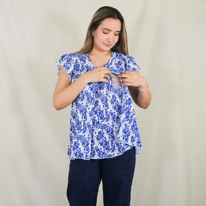 Blusa de lactancia/maternidad, blanco flores azules