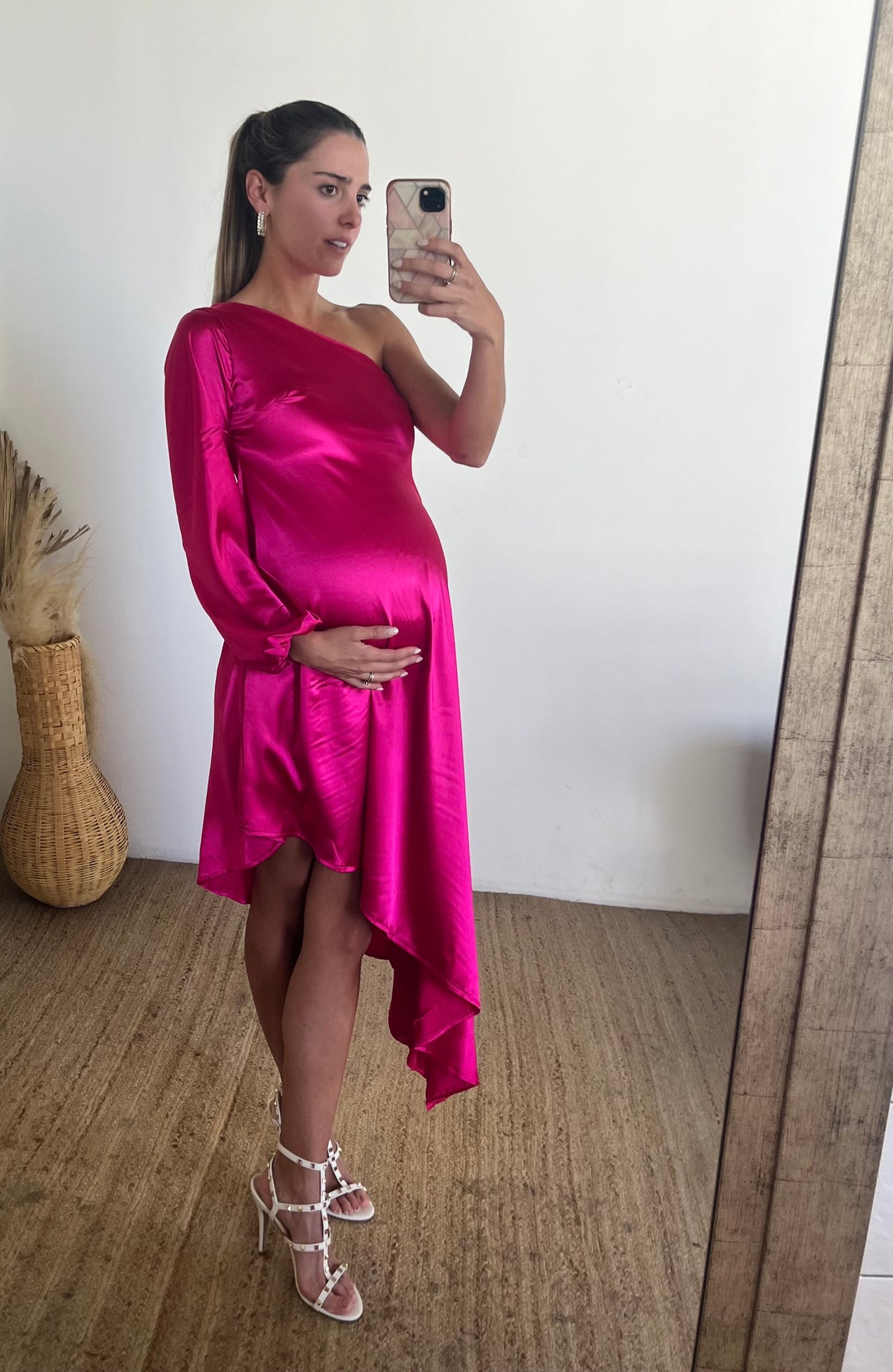 Vestido maternidad Samantha, rosa Barbie brilloso  (M), (G)