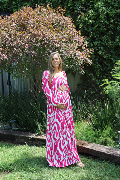 Vestido maternidad Priscila largo, rosa franjas blancas