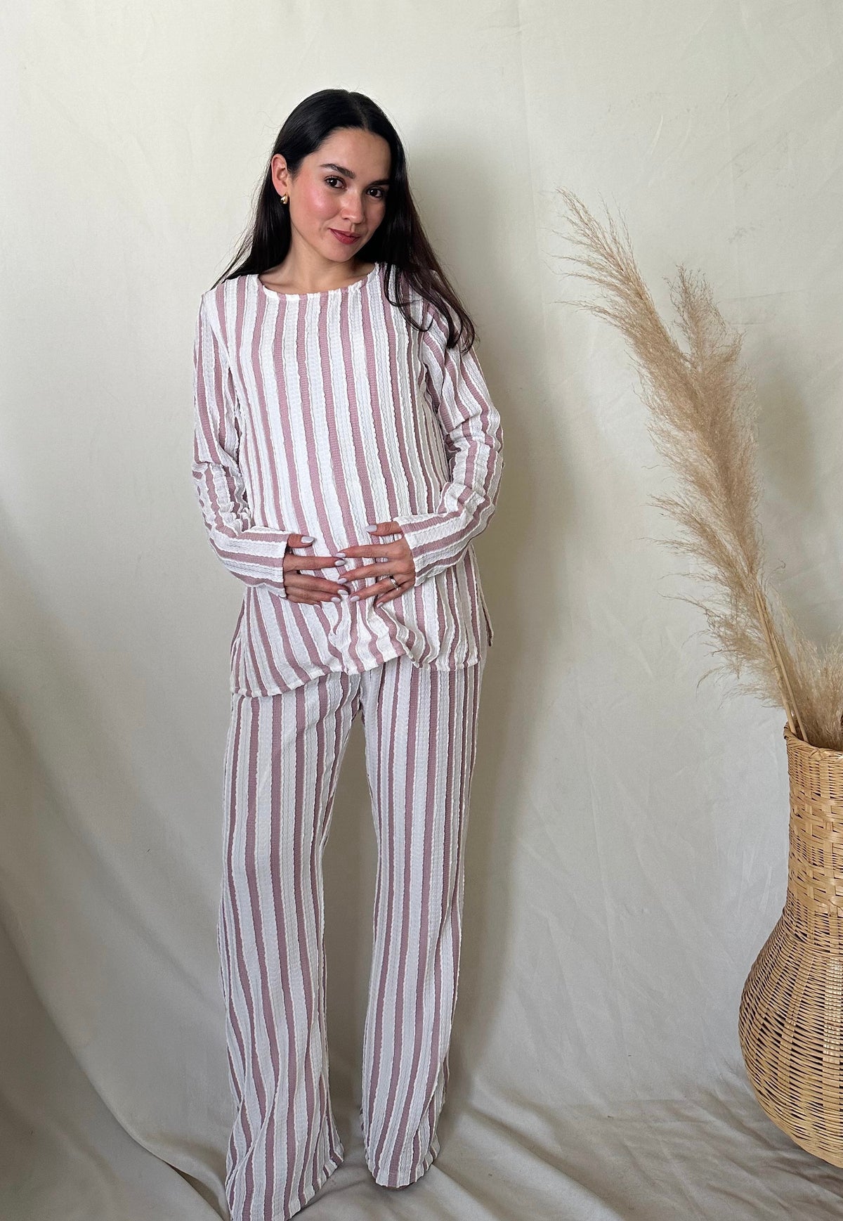 Conjunto de maternidad Cinthya, Rosa rayas con ivory