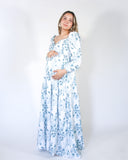 Priscila long maternity dress, white with blue