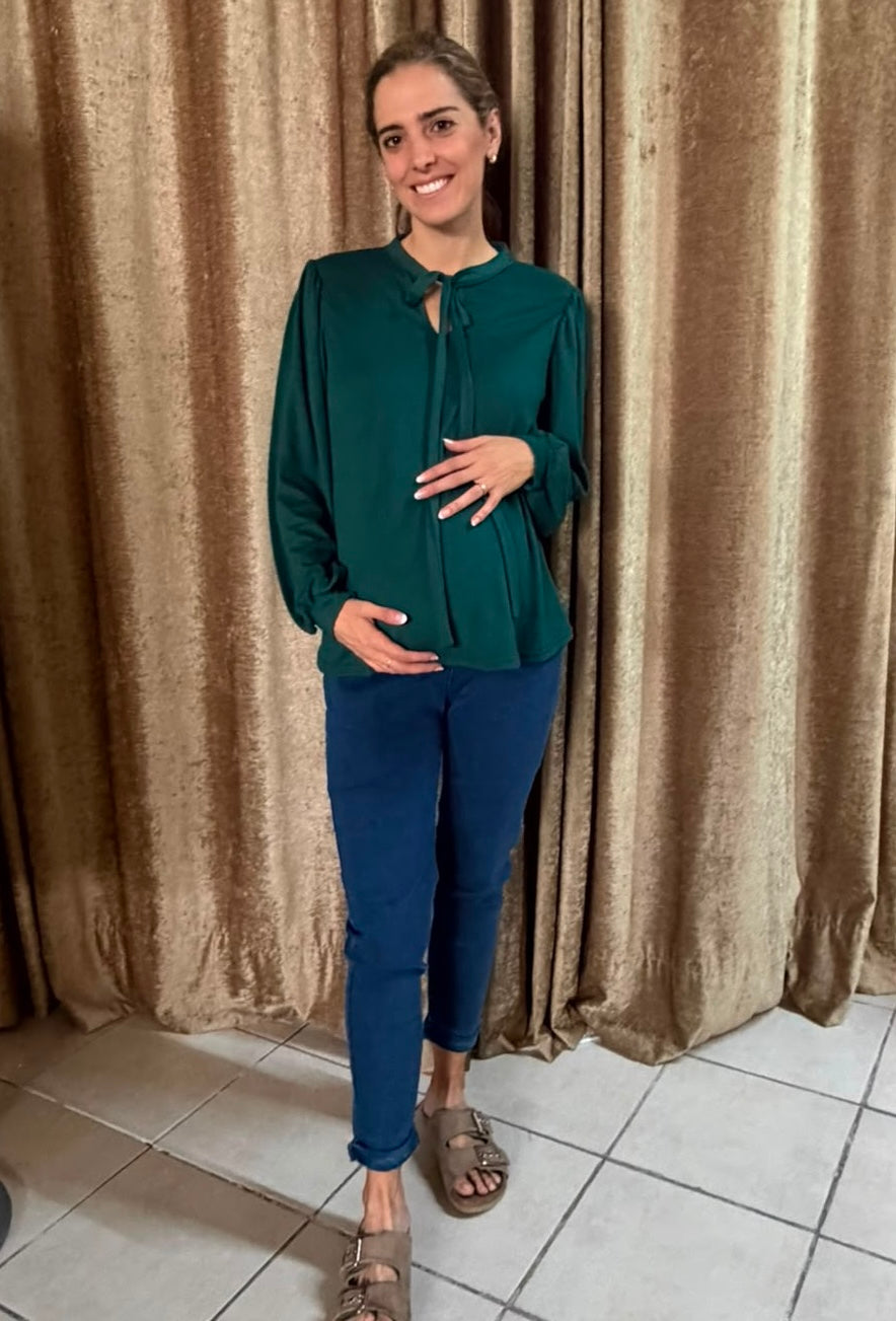 Blusa maternidad verde moño oscura