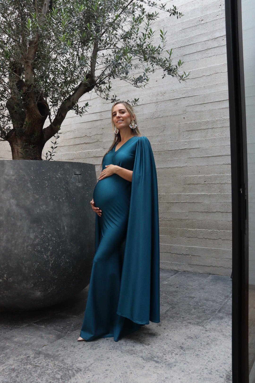 Vestido de maternidad Eliana, azul verdoza licra destellante