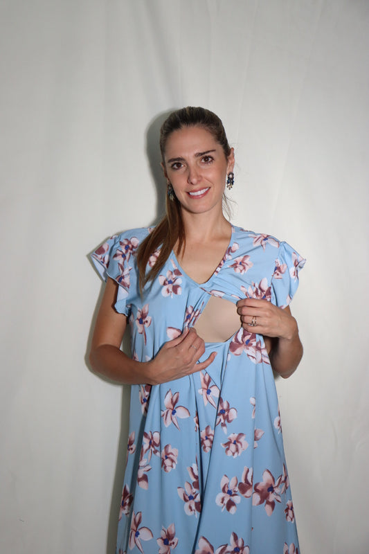 Vestido de maternidad y lactancia, Bertha gris flores intensas G