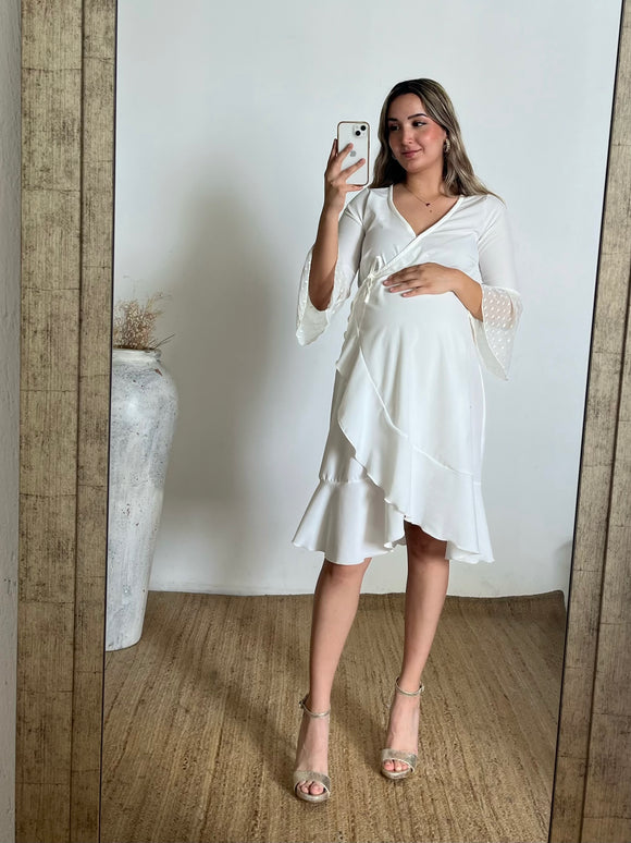 Vestido de maternidad, Natalia con olanes ivory y tela puntitos