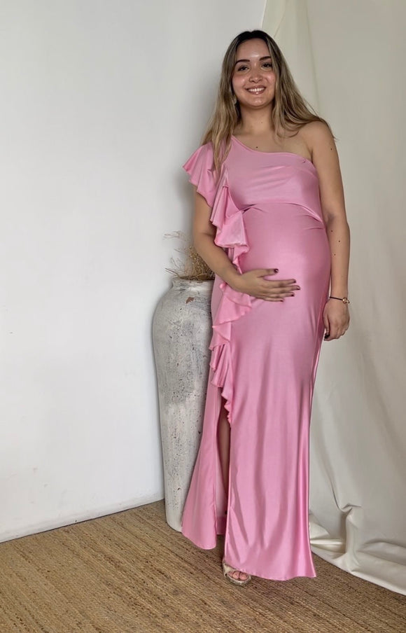 Vestido de maternidad Agustina, rosa intenso brilloso