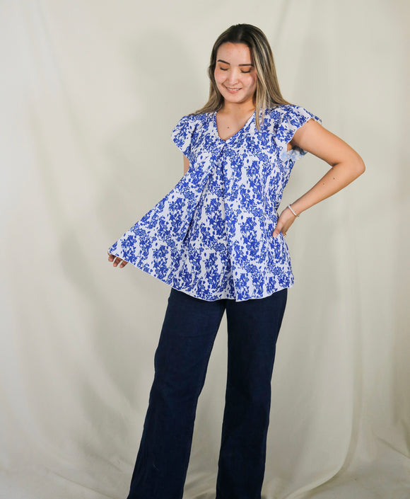 Blusa de lactancia/maternidad, azul flores con blanco