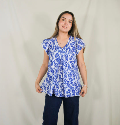 Blusa de lactancia/maternidad, blanco flores azules