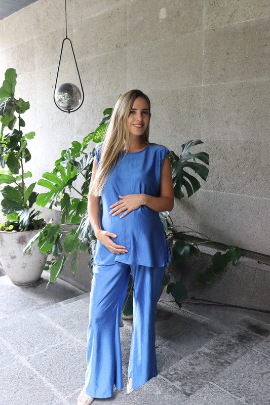 Conjunto de maternidad Cinthya, azul rey rayas