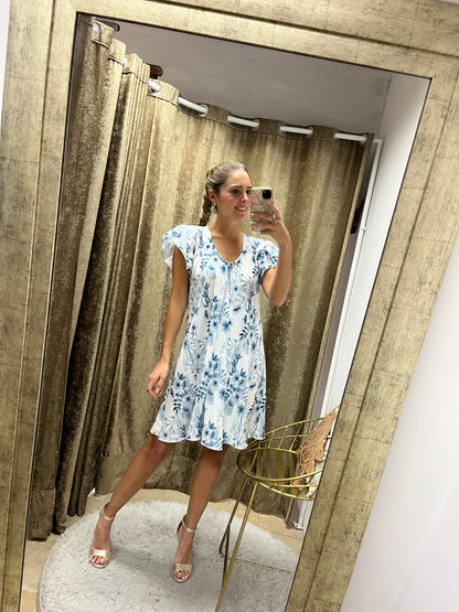 Vestido Bertha , azul flores romántico