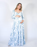 Priscila long maternity dress, white with blue